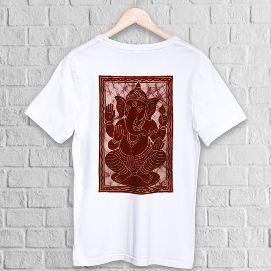 Lord Ganesha T-Shirt in Batik style featuring a detailed maroon print on white cotton fabric. Unisex spiritual wear ideal for cultural events.