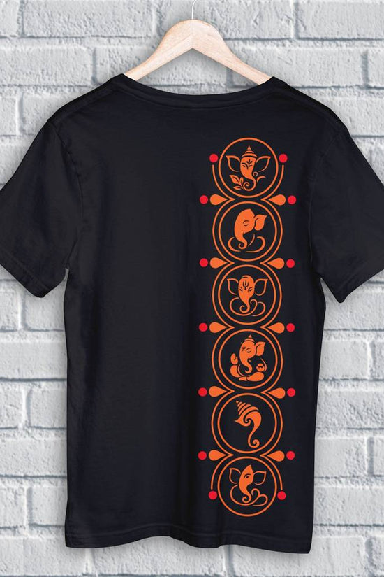 Ganpati T Shirt - Minimal Ganesha Motifs in black with vertical orange Ganesha symbols on back. 100% cotton, regular fit for spiritual style.