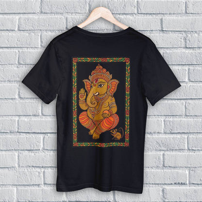 Black Ganpati T Shirt with vibrant Mithila art Ganesha print, crafted in breathable cotton. Perfect for cultural and religious occasions.