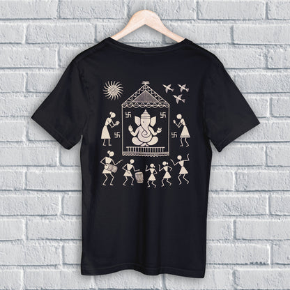 Ganpati T Shirt featuring Warli Ganesha design in beige on black cotton fabric, ideal for Ganesh Chaturthi and cultural celebrations.