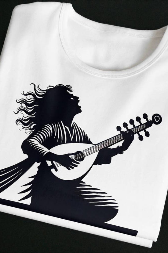 Gayak T-Shirt featuring a bold black graphic of a musician playing a string instrument. Unisex, soft cotton tee perfect for music lovers.
