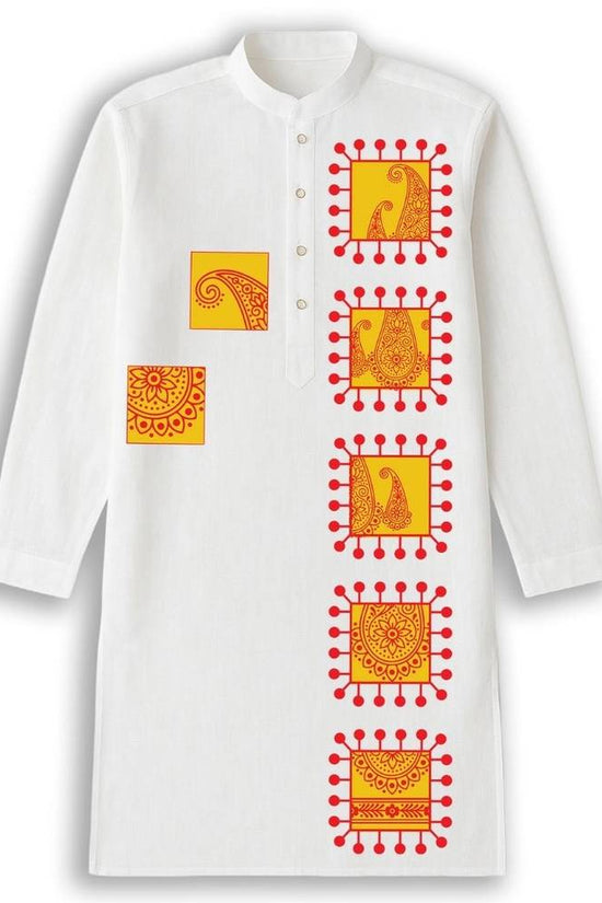 Gaye Holud Kurta for men in premium white cotton with vibrant red and yellow traditional motifs, ideal for Bengali wedding events and ceremonies.
