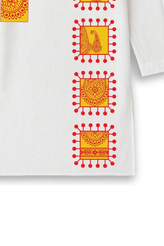Gaye Holud Kurta for men in premium white cotton with red and yellow traditional Bengali motifs, ideal for marriage events and haldi ceremonies.