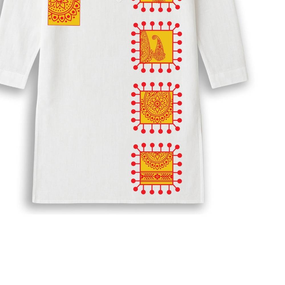 Gaye Holud Kurta for men in premium white cotton with red and yellow traditional Bengali motifs, ideal for marriage events and haldi ceremonies.