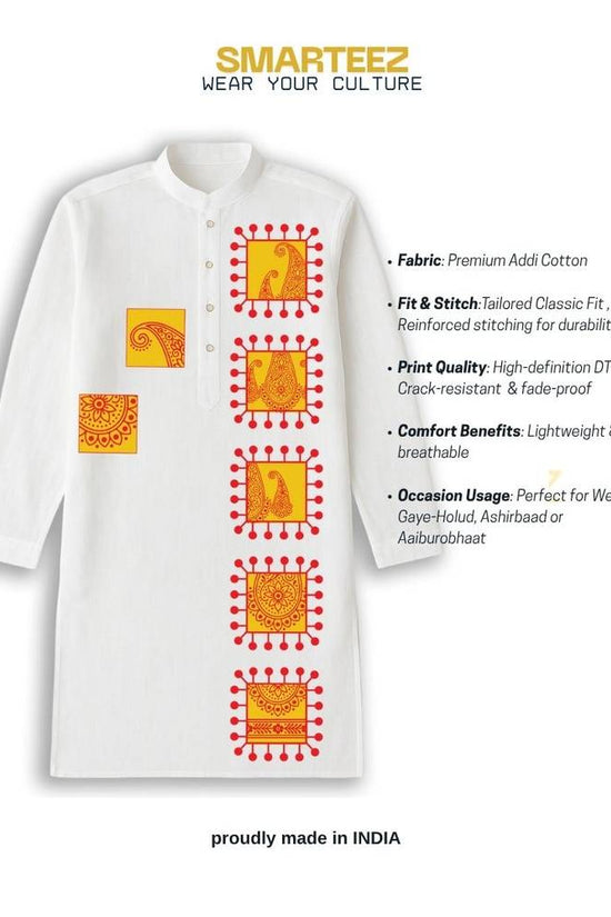 Gaye Holud Kurta - Marriage Events | Premium Cotton Design featuring traditional red and yellow motifs on white fabric, ideal for Bengali weddings.