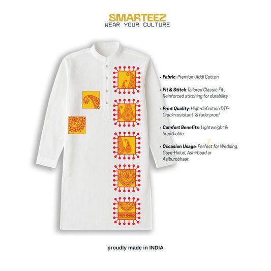 Gaye Holud Kurta - Marriage Events | Premium Cotton Design featuring traditional red and yellow motifs on white fabric, ideal for Bengali weddings.