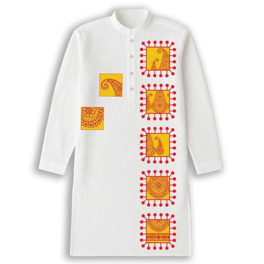 Gaye Holud Kurta for men in premium white cotton with vibrant red and yellow traditional motifs, ideal for Bengali wedding events and ceremonies.