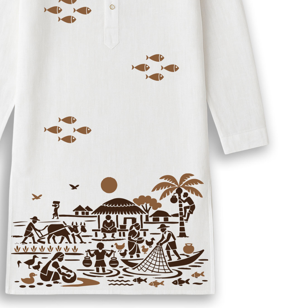 Gram Bangla Rural Life Print White Cotton Panjabi