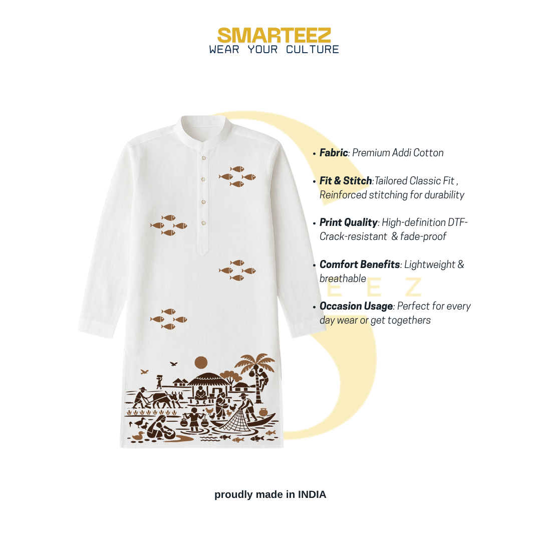 Gram Bangla Rural Life Print White Cotton Panjabi
