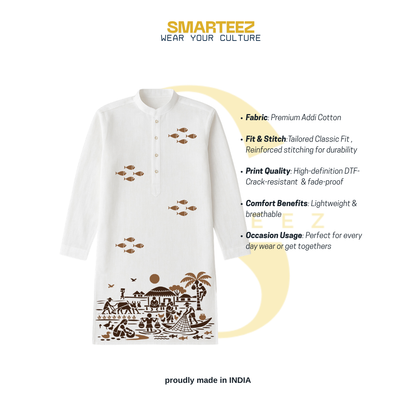 Gram Bangla Rural Life Print White Cotton Panjabi