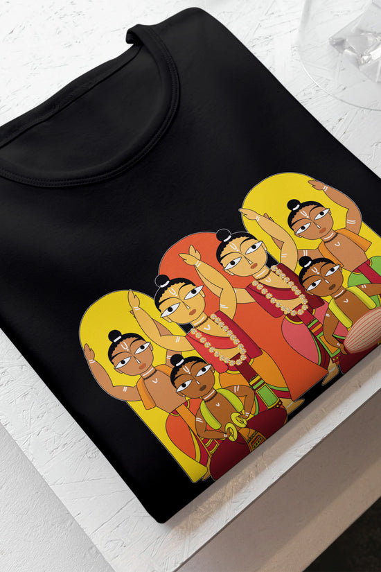 Unisex Hare Krishna Black T-Shirt featuring a vibrant Sankirtan design inspired by Gaudiya Vaishnav culture. Made from soft, durable 100% cotton fabric.