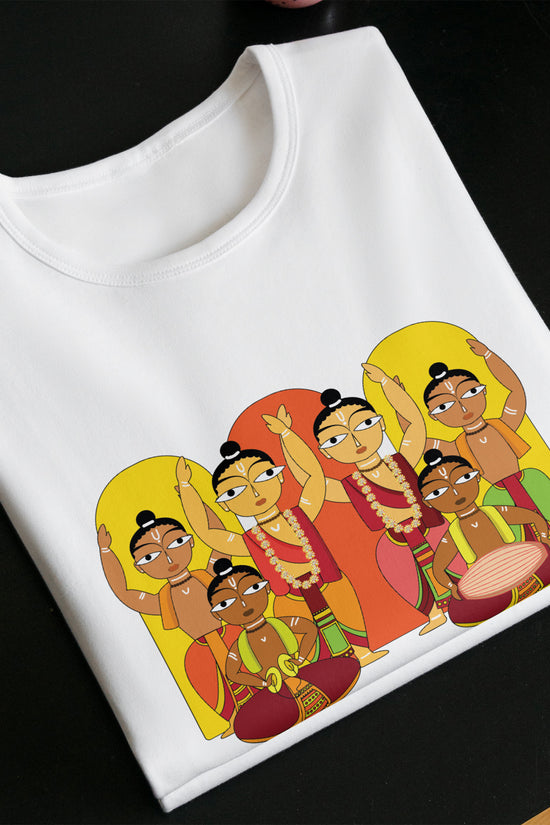 Unisex Hare Krishna White T-Shirt featuring a vibrant Sankirtan design inspired by Gaudiya Vaishnav culture. Made from soft, durable 100% cotton fabric.