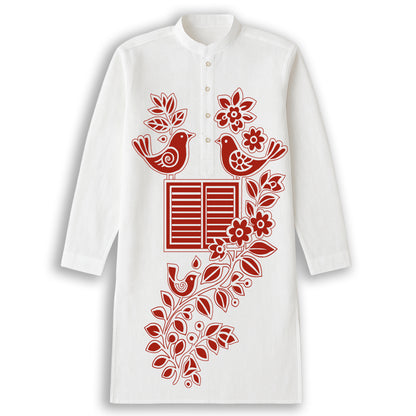 Harmony of Nature Bengali Nature Kurta Panjabi in white cotton with red folk bird and floral motifs, ideal for festive and cultural wear.