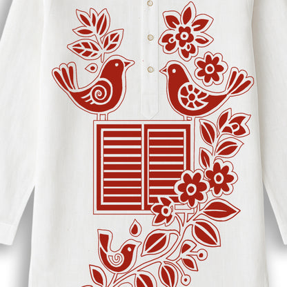 Close-up of Bengali Nature Kurta Panjabi design showing intricate red bird and flower folk motifs printed on white fabric.