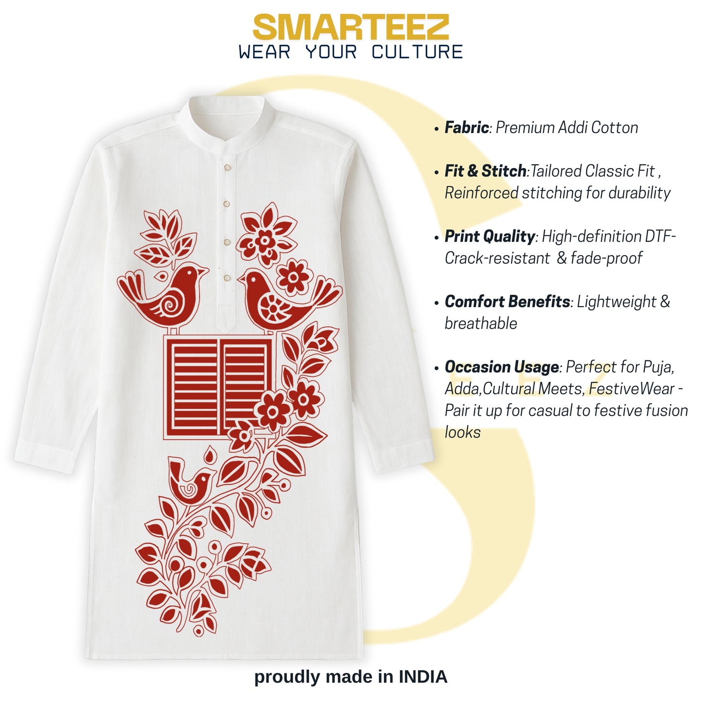 Harmony of Nature Kurta Panjabi by Smarteez with red folk motifs, highlighting features like premium cotton, tailored fit, and festive use.