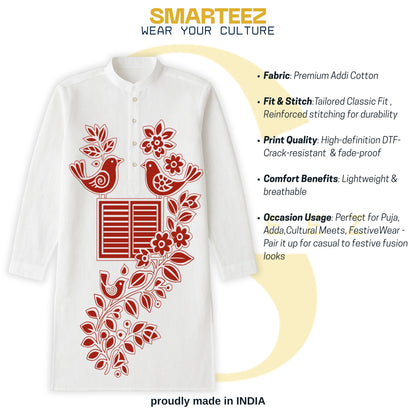 Harmony of Nature Kurta Panjabi by Smarteez with red folk motifs, highlighting features like premium cotton, tailored fit, and festive use.