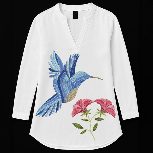 Hummingbird Harmony - Printed Kurti Women features a white tunic with a vibrant blue hummingbird and pink floral print. Ideal for casual elegance and comfort.