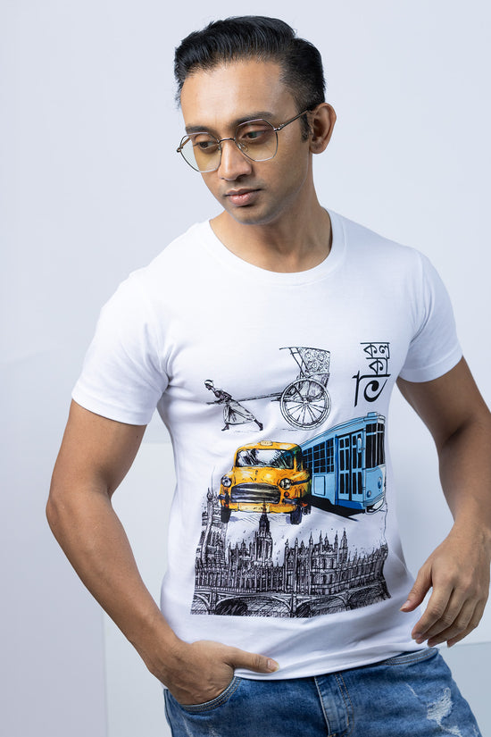 Kolkata T-Shirt - Iconic Transport Graphic in white cotton with yellow taxi, tram, and rickshaw print. Regular fit tee for men and women.