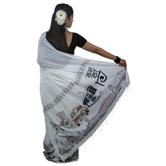 Iconic Kolkata Transport Handloom Khadi Saree – Back View with Tram, Ambassador Taxi and Bengali Script Print on White Cotton Pallu
