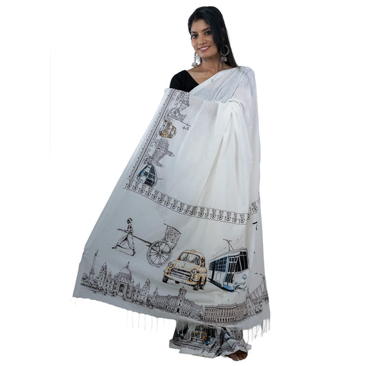 Iconic Kolkata Transport Pure Khadi Cotton Saree – Full Front View Showing Rickshaw, Yellow Taxi, Tram and Victoria Memorial Print