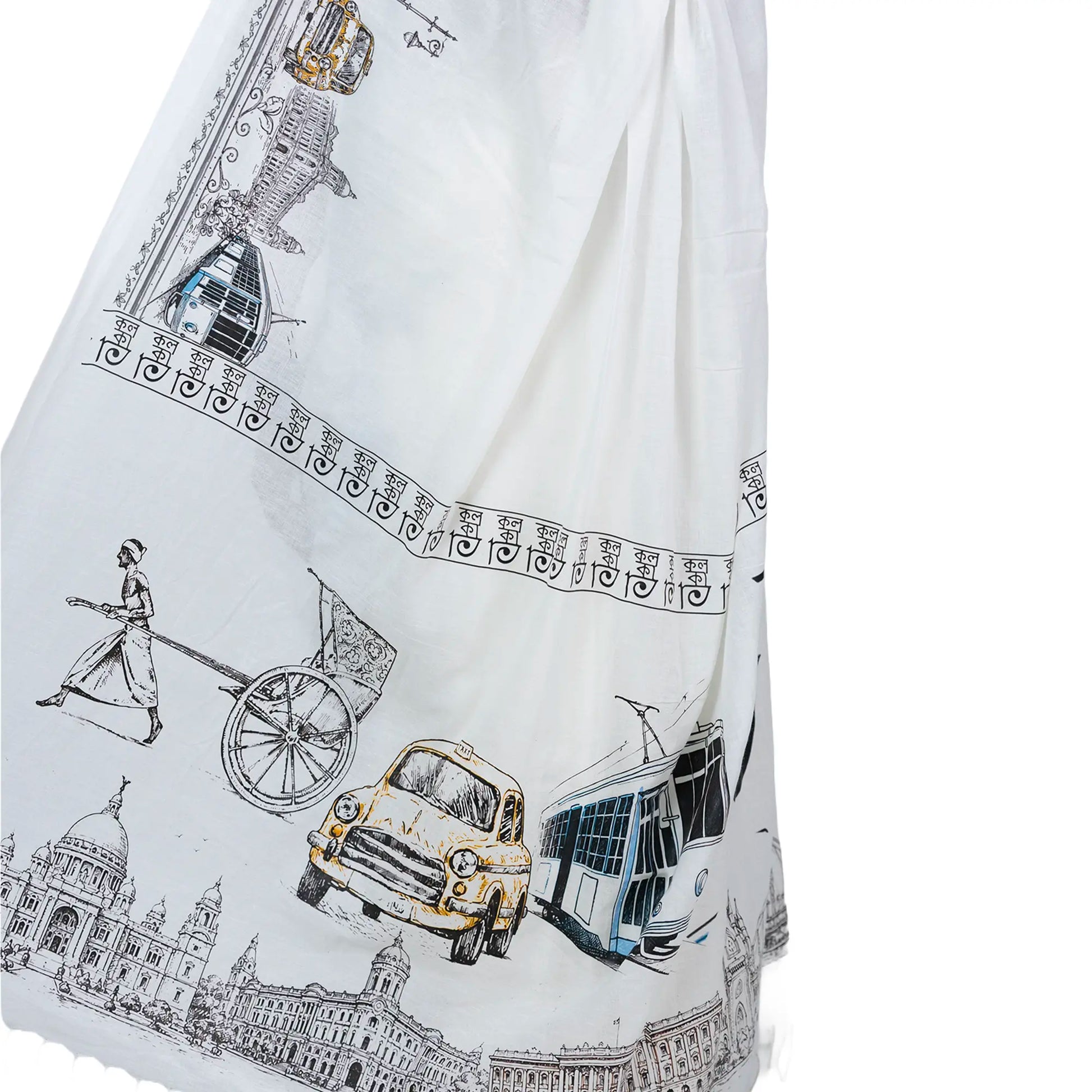 Close-Up of Iconic Kolkata Transport Saree Print – Hand-Pulled Rickshaw, Yellow Taxi, Blue Tram and Victoria Memorial Illustration on White Khadi
