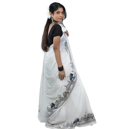 Iconic Kolkata Transport Handloom Saree – Side View with Kolkata Cityscape Border Print, Bengali Script Detail and Knotted Fringe Hem