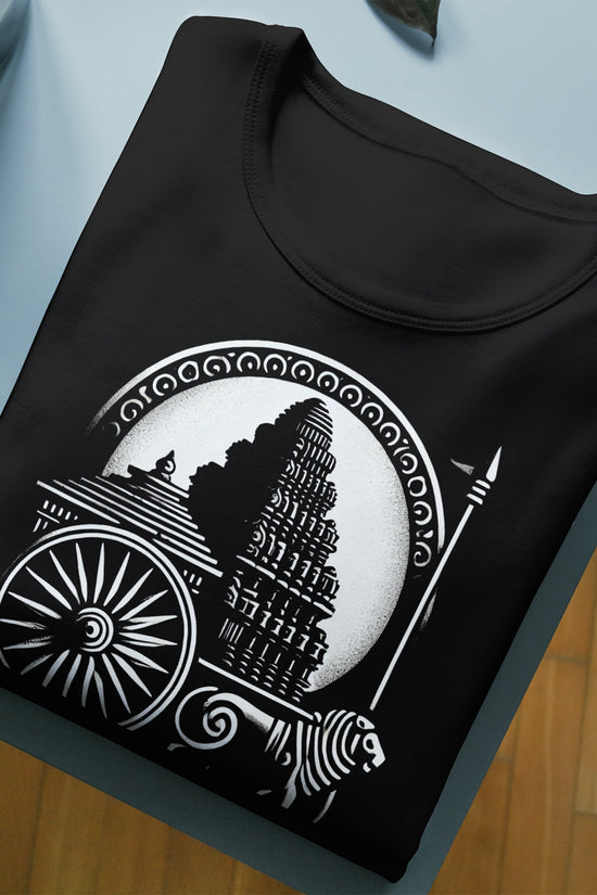 Indian Heritage Temple - Graphic T-Shirt featuring intricate ancient architecture design in white on black cotton fabric, unisex fit.