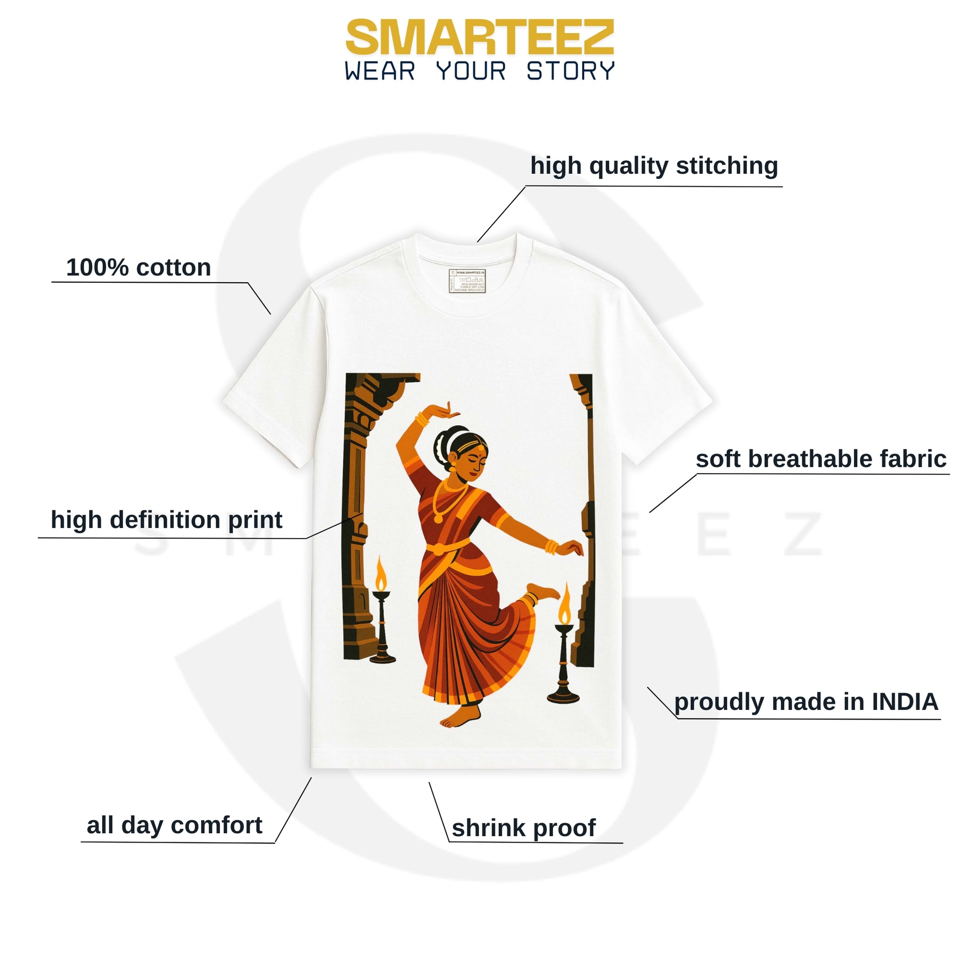 Indian Heritage T-Shirt – Classical Temple Dancer in Traditional Art Style