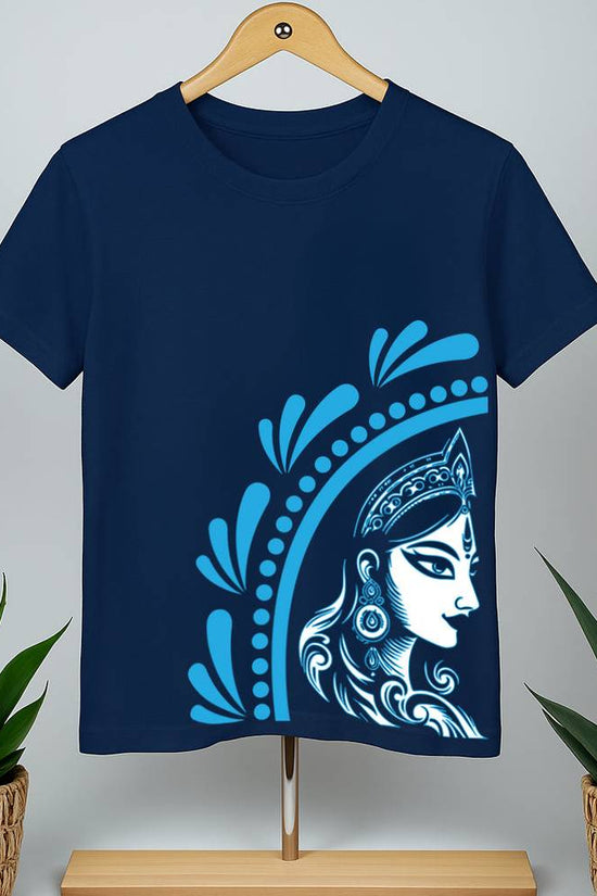 Indigo Durga Tee - Blue T-Shirt featuring a bold graphic of Goddess Durga in Bengali art style. Unisex cotton wear for cultural fashion lovers.