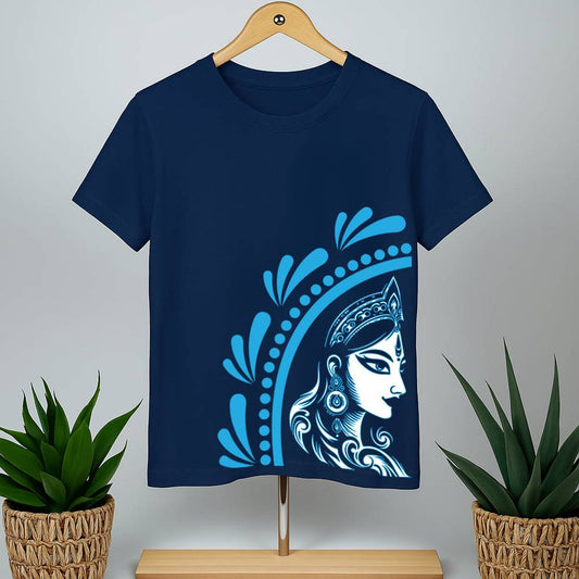 Indigo Durga Tee - Blue T-Shirt featuring a bold graphic of Goddess Durga in Bengali art style. Unisex cotton wear for cultural fashion lovers.