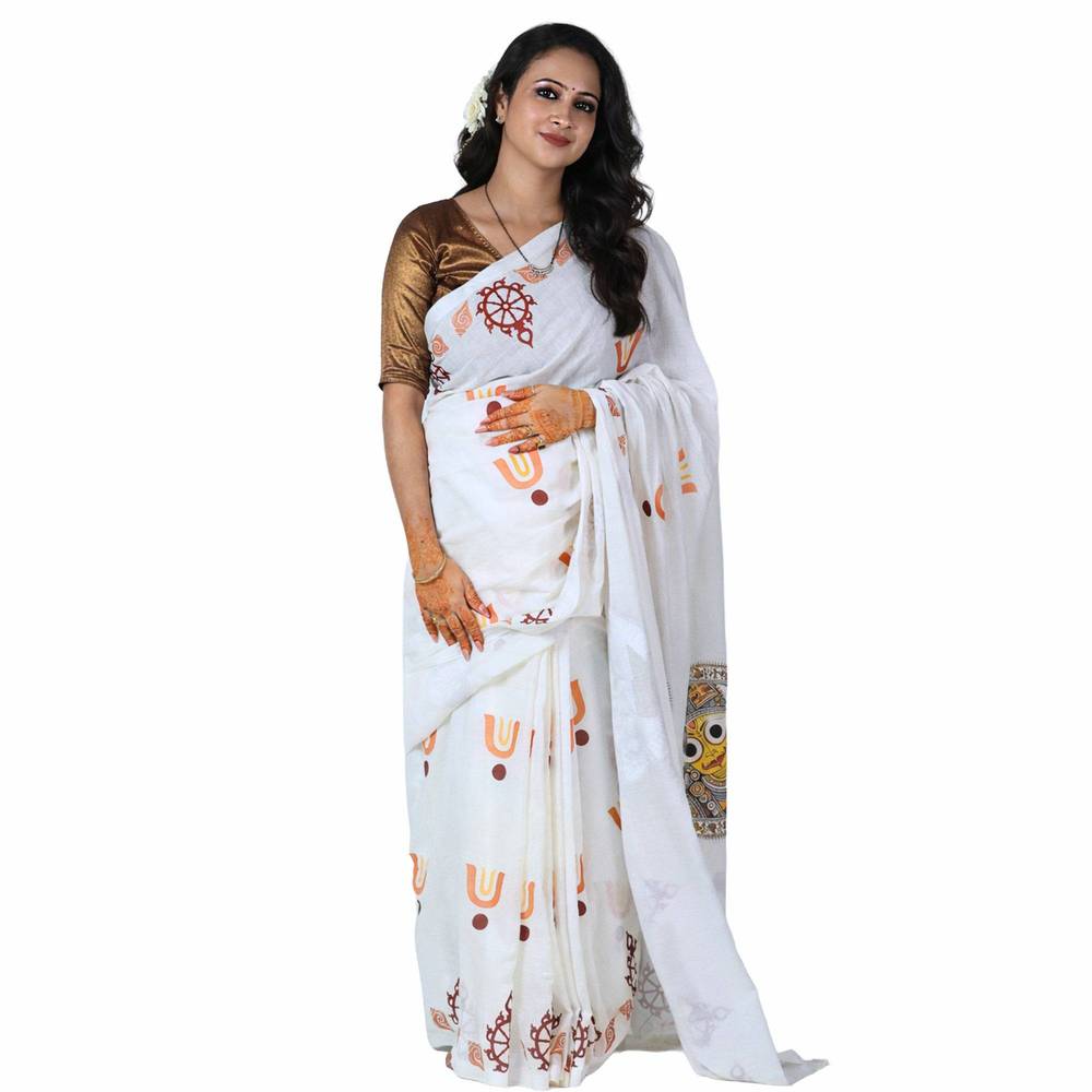 White saree with divine Lord Jagannath motifs and HD print, traditional attire for women