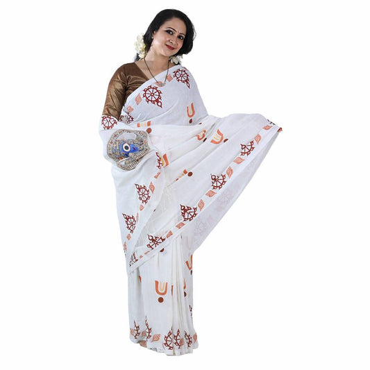 Jagannath Trinity Khadi Cotton Saree with HD print, traditional white saree with divine motifs