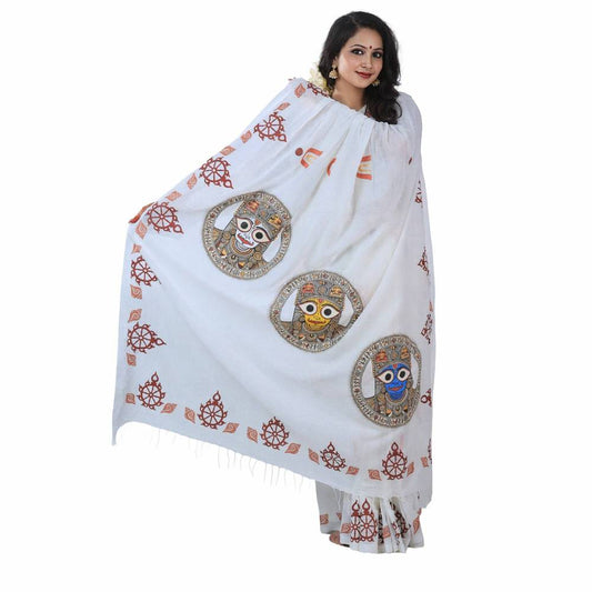 White Khadi cotton saree with Jagannath masks and traditional motifs