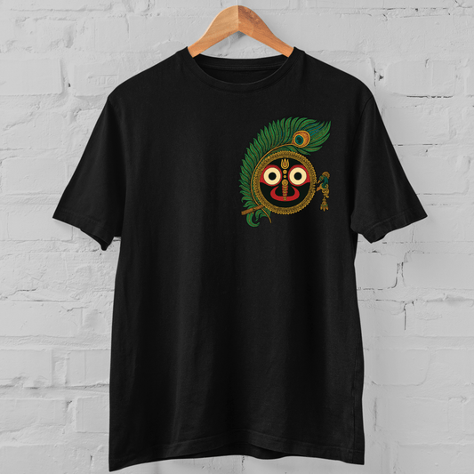 Rath Yatra Jagannath Tee in black featuring a vibrant peacock feather and flute design with Lord Jagannath's face, ideal for spiritual festivals.