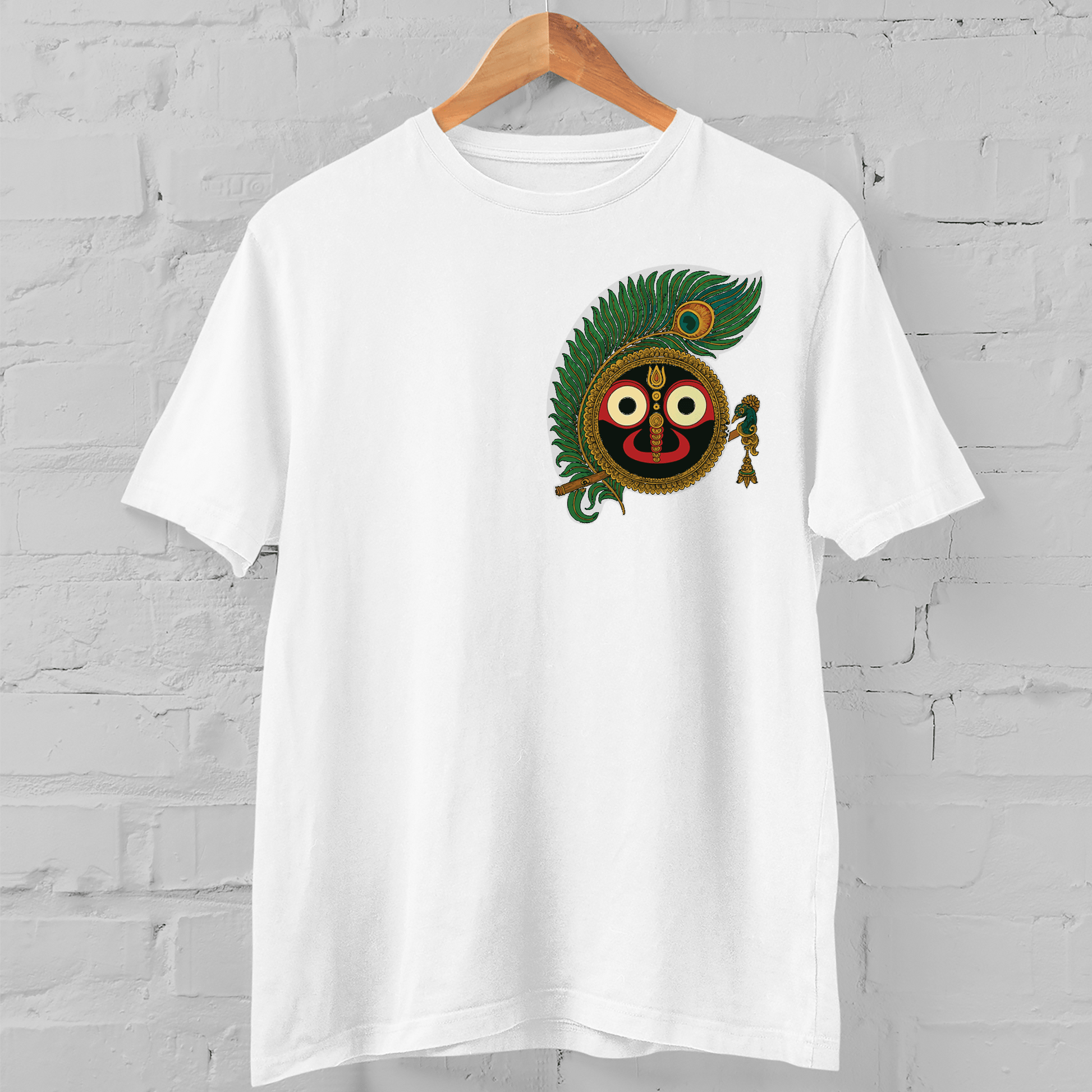 Rath Yatra Jagannath Tee with peacock feather and flute design on white cotton fabric, celebrating divine culture and Bengali tradition.