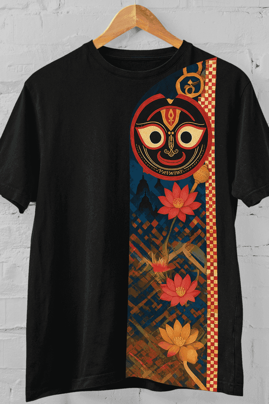 Black Jagannath T-Shirt with Sacred Lotus Trail design for Rath Yatra, featuring Lord Jagannath's face and vibrant lotus motifs in spiritual style.