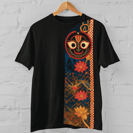 Black Jagannath T-Shirt with Sacred Lotus Trail design for Rath Yatra, featuring Lord Jagannath's face and vibrant lotus motifs in spiritual style.