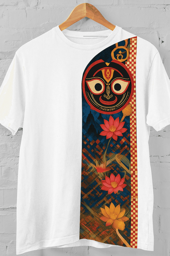 White Jagannath T-Shirt with Sacred Festival Design, showcasing Lord Jagannath's face and lotus trail symbolizing spiritual depth and cultural heritage.