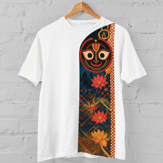 White Jagannath T-Shirt with Sacred Festival Design, showcasing Lord Jagannath's face and lotus trail symbolizing spiritual depth and cultural heritage.