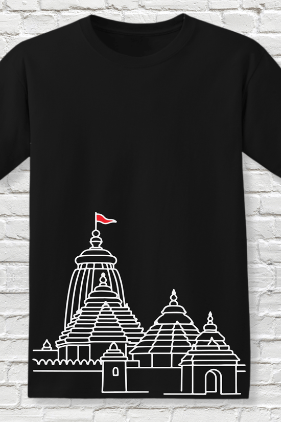 Jagannath T-shirt - Minimalist Rath Yatra Tee featuring a white line art of Puri Jagannath Temple with red chariot flag on black cotton fabric.
