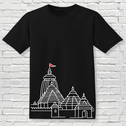 Jagannath T-shirt - Minimalist Rath Yatra Tee featuring a white line art of Puri Jagannath Temple with red chariot flag on black cotton fabric.