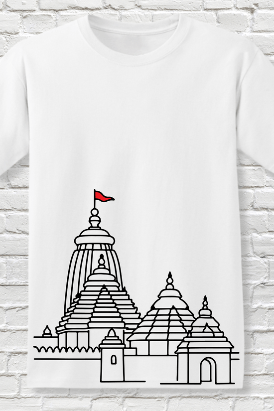 Jagannath T-shirt - Minimalist Rath Yatra Tee featuring a black line art of Puri temple with red chariot flag on white cotton fabric. Ideal for spiritual wear.