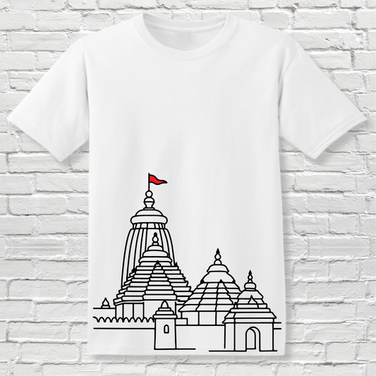 Jagannath T-shirt - Minimalist Rath Yatra Tee featuring a black line art of Puri temple with red chariot flag on white cotton fabric. Ideal for spiritual wear.