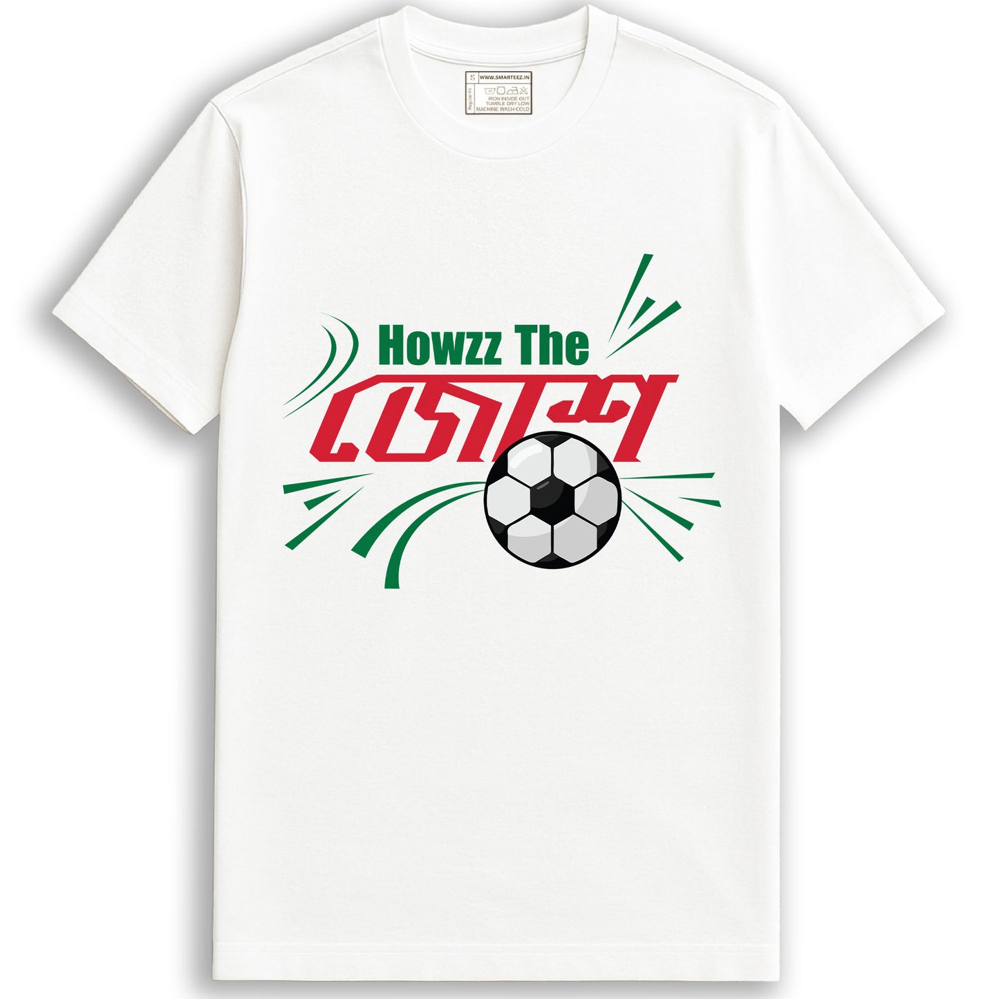 Josh - Mohun Bagan T-Shirt in white with bold Bengali text, football graphic, and 'Howzz The Josh' slogan in green and red print.