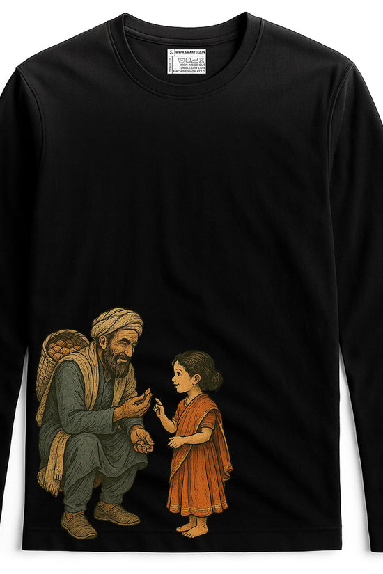 Kabuliwala T-Shirt - Rabindranath Tagore Tribute in black with full sleeves, featuring a detailed illustration of Kabuliwala and a young girl. Made from 100% cotton, ideal for literature and Tagore enthusiasts.