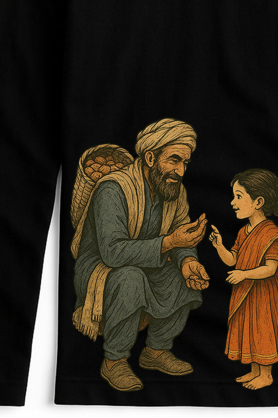 Kabuliwala T-Shirt - Rabindranath Tagore Tribute in 100% cotton features a detailed illustration of Kabuliwala and a young girl on a black full sleeves tee. Ideal for literature lovers and fans of Tagore's iconic tale.