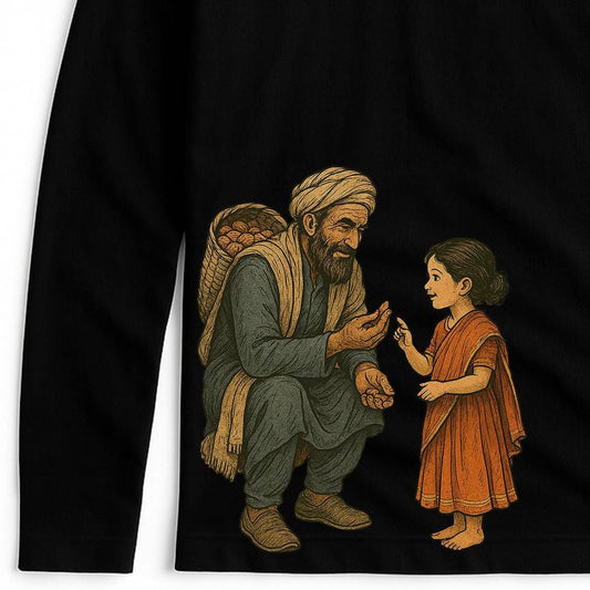 Kabuliwala T-Shirt - Rabindranath Tagore Tribute in 100% cotton features a detailed illustration of Kabuliwala and a young girl on a black full sleeves tee. Ideal for literature lovers and fans of Tagore's iconic tale.