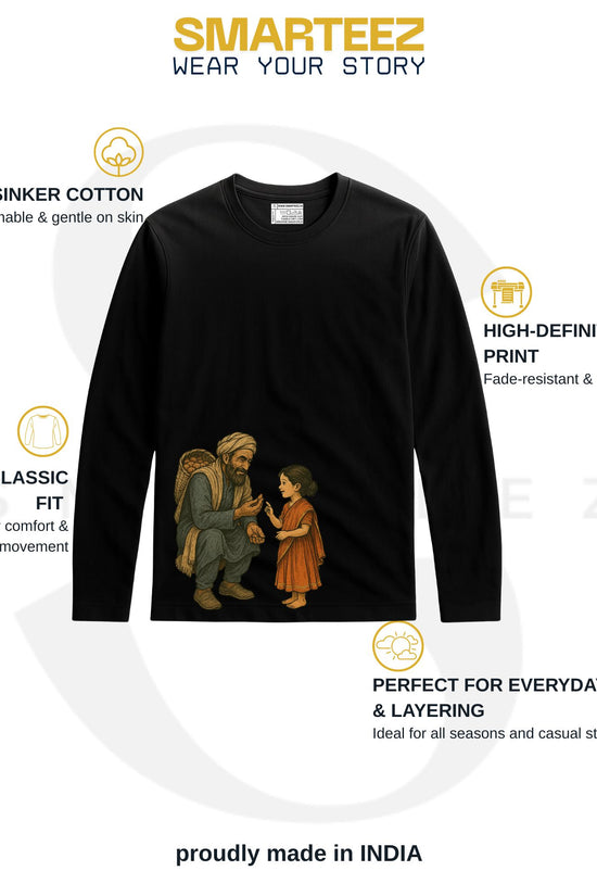 Kabuliwala T-Shirt - Rabindranath Tagore Tribute in black with full sleeves, featuring a high-definition print of Kabuliwala and Mini. Made from 100% cotton, ideal for literature fans and everyday wear.