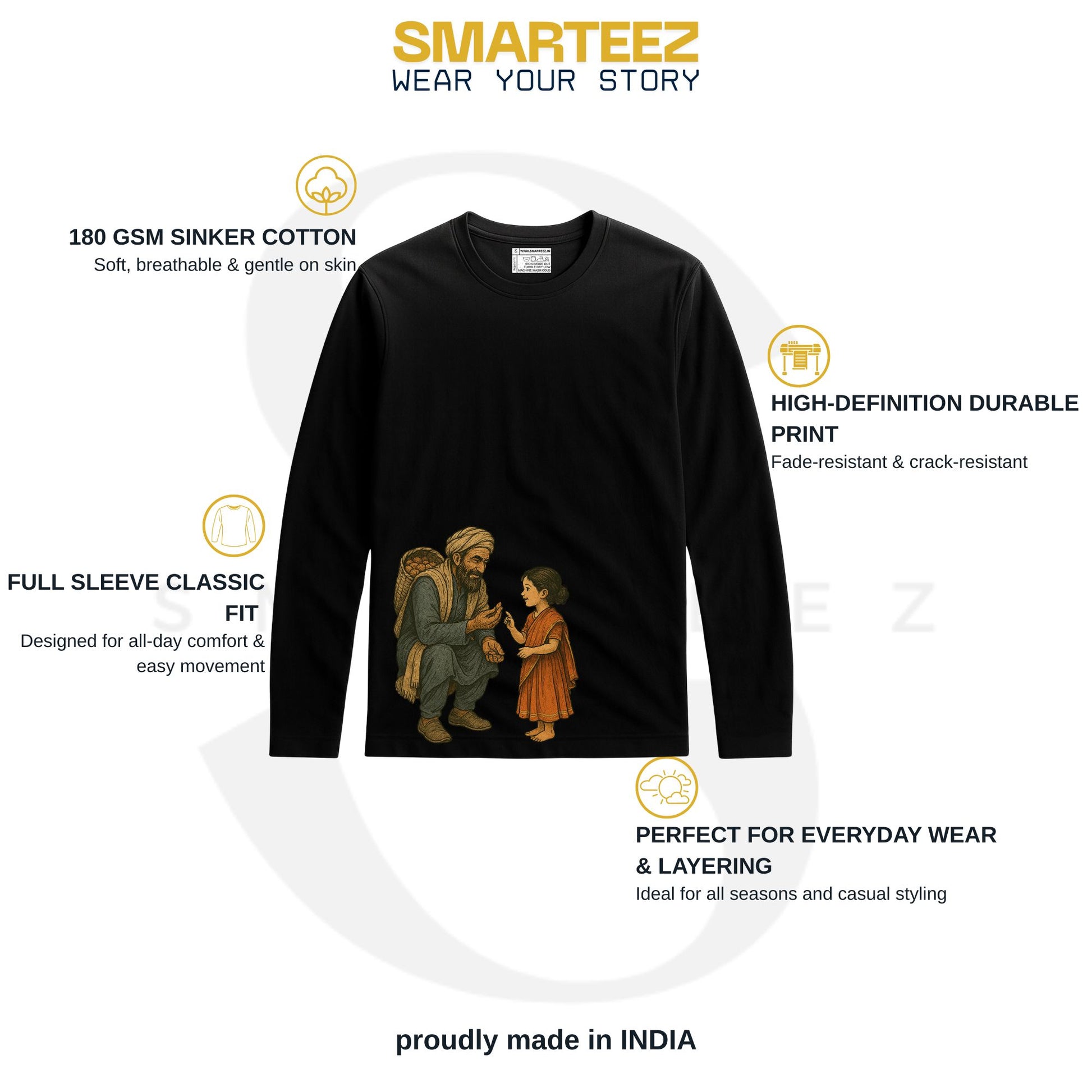 Kabuliwala T-Shirt - Rabindranath Tagore Tribute in black with full sleeves, featuring a high-definition print of Kabuliwala and Mini. Made from 100% cotton, ideal for literature fans and everyday wear.