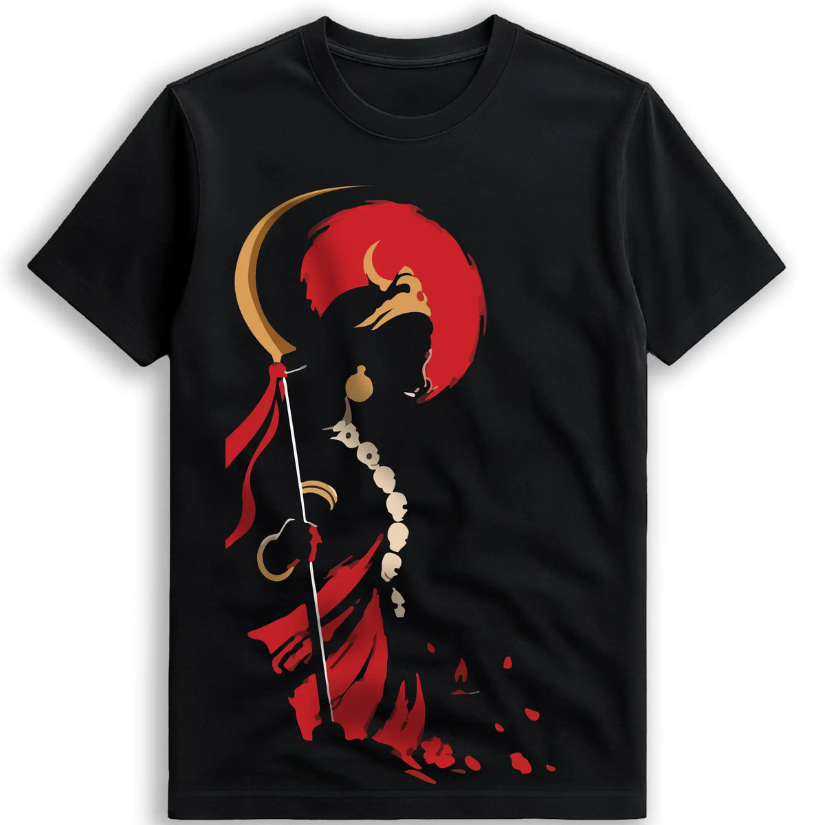 Kali Shakti black regular fit cotton T-shirt by Smarteez, front view with the Maa Kali Bengali graphic artwork in red, gold and cream